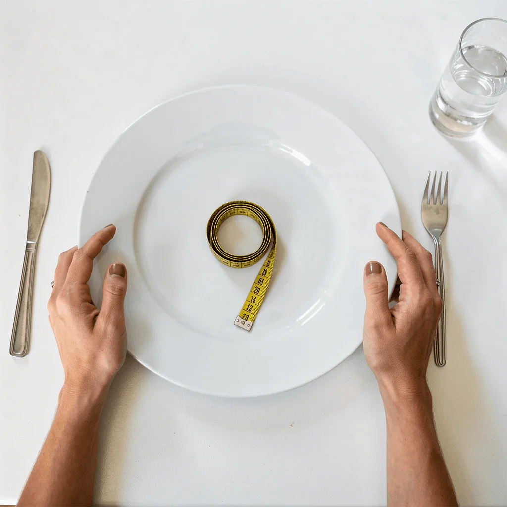 Illustration aquarelle de mains liées par un mètre ruban au-dessus d'une assiette vide