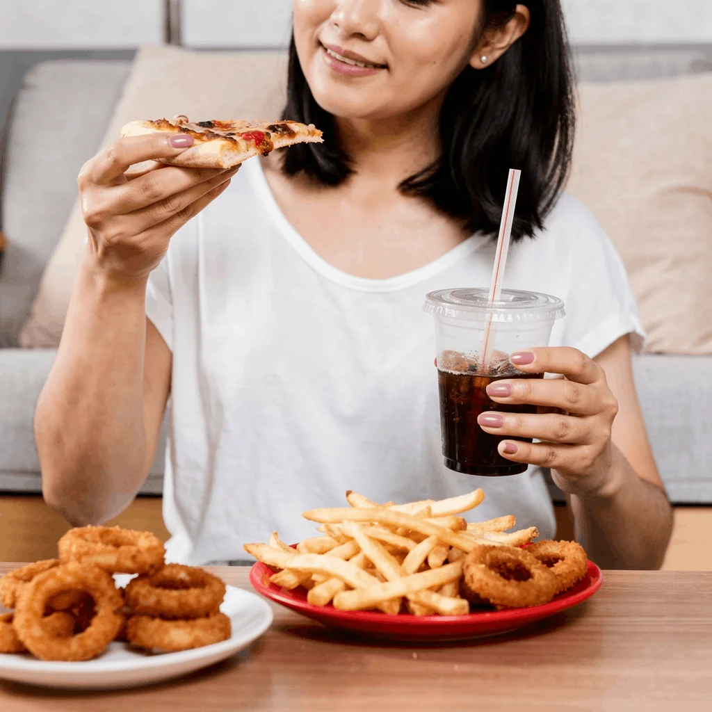 Illustration aquarelle d'une femme mangeant de manière compulsive