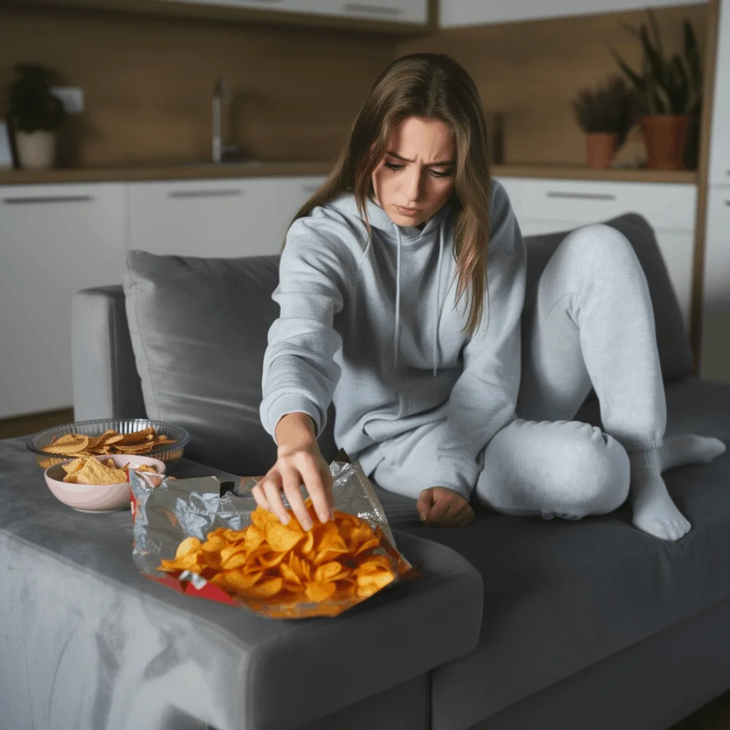 Illustration hyperphagie - femme en détresse émotionnelle avec de la nourriture